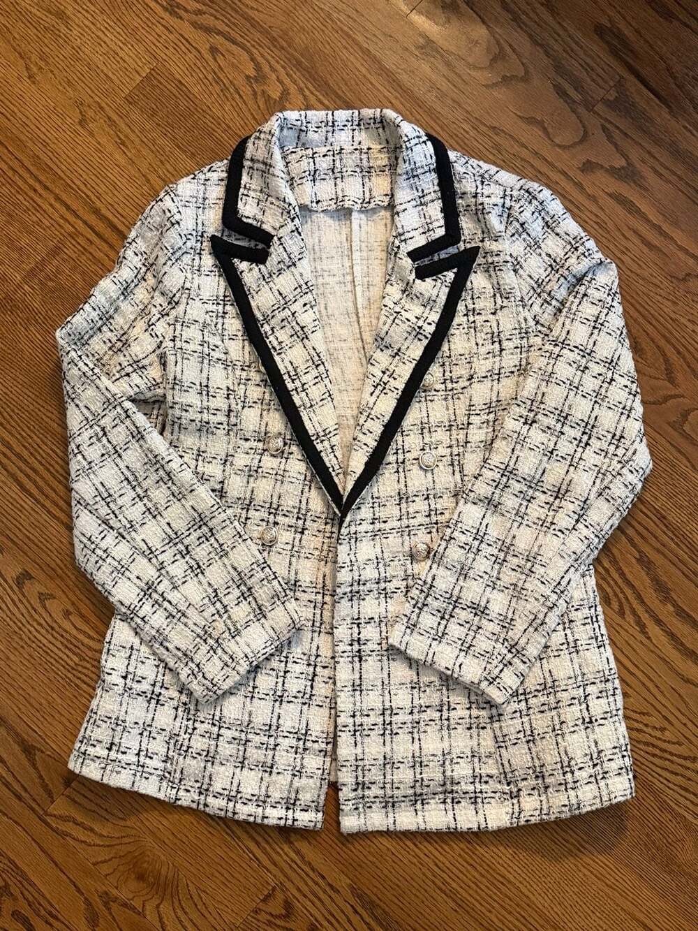SHEIN Black and White Tweed Contrast Lapel Double Breasted Blazer Jacket